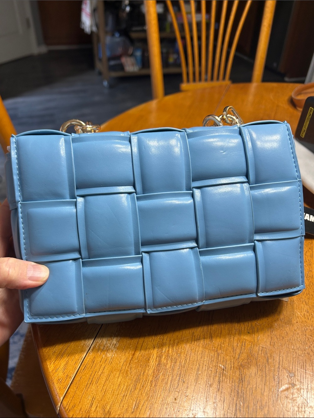 Woven-Style Crossbody Bag in Dusty Blue with Gold Chain
